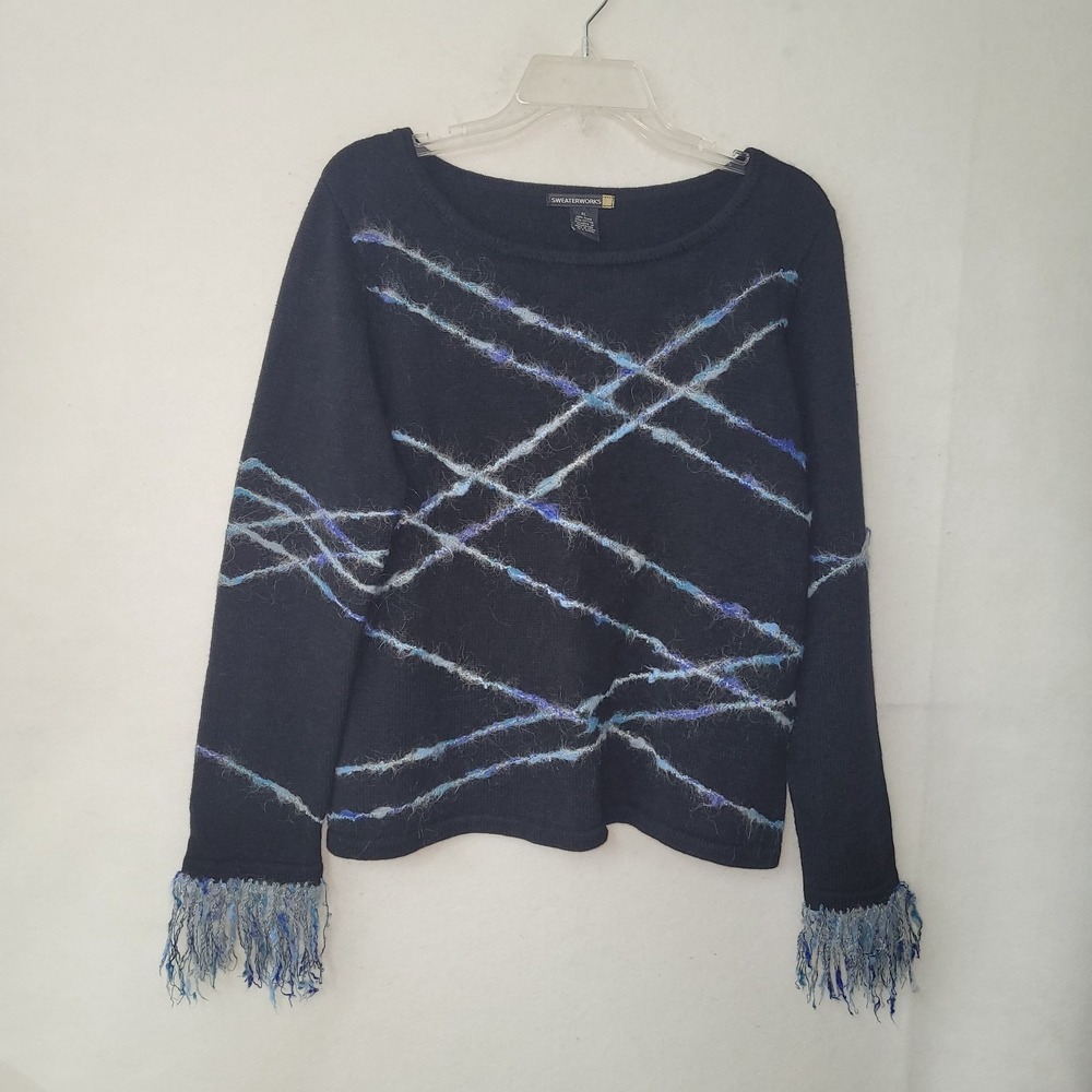 Sweaterworks Sweater Womens XL Black Blue Embroidered Fringed Sleeve Vintage